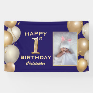 1st Birthday Party Navy Blue and Gold Balloons Banner