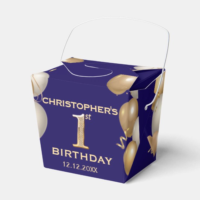 1st Birthday Party Navy Blue and Gold Balloons Favour Box (Front Side)