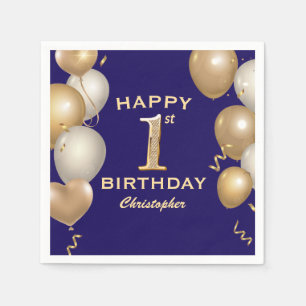 1st Birthday Party Navy Blue and Gold Balloons Napkin