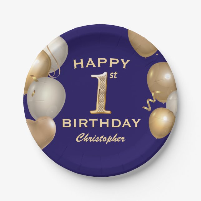 1st Birthday Party Navy Blue and Gold Balloons Paper Plate (Front)