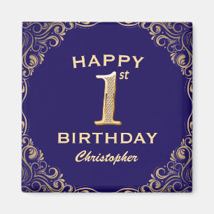 1st Birthday Party Navy Blue and Gold Glitter Magnet