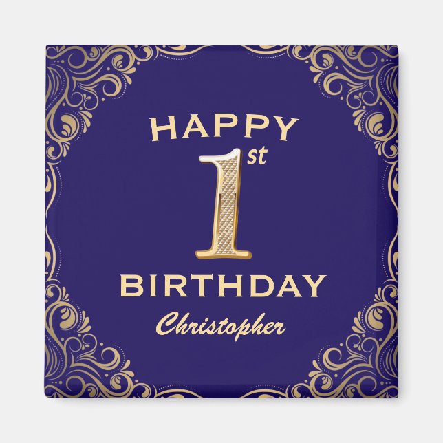 1st Birthday Party Navy Blue and Gold Glitter Magnet (Front)