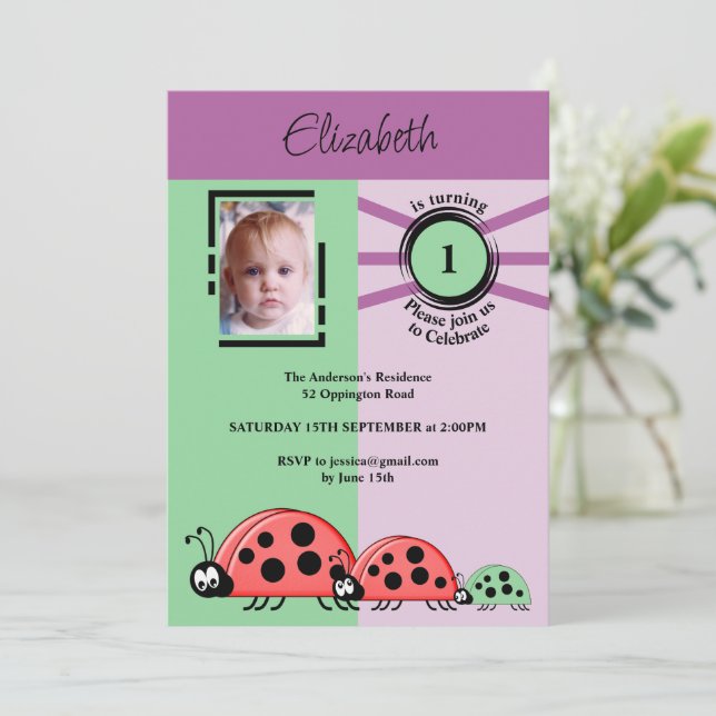 1st Birthday party photo ladybugs green purple Invitation (Standing Front)