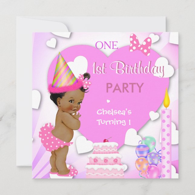 1st Birthday Party Pink Ethnic African American Invitation (Front)