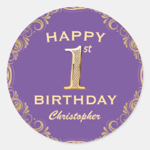 1st Birthday Party Purple and Gold Glitter Frame Classic Round Sticker