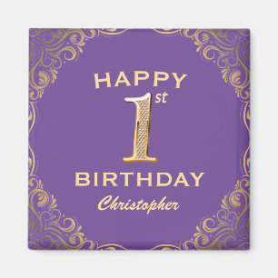 1st Birthday Party Purple and Gold Glitter Frame Magnet