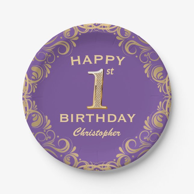 1st Birthday Party Purple and Gold Glitter Frame Paper Plate (Front)