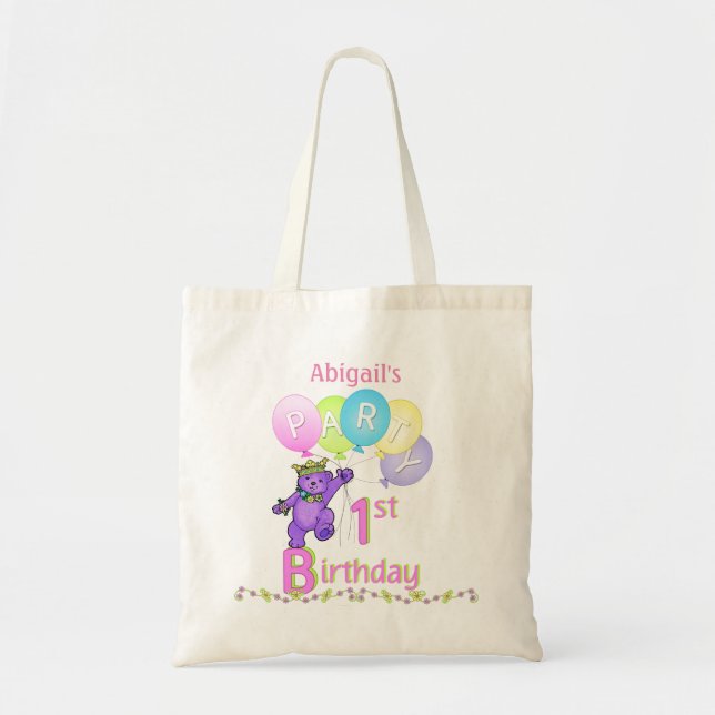 1st Birthday Party Purple Fur Princess Bear Tote Bag (Front)