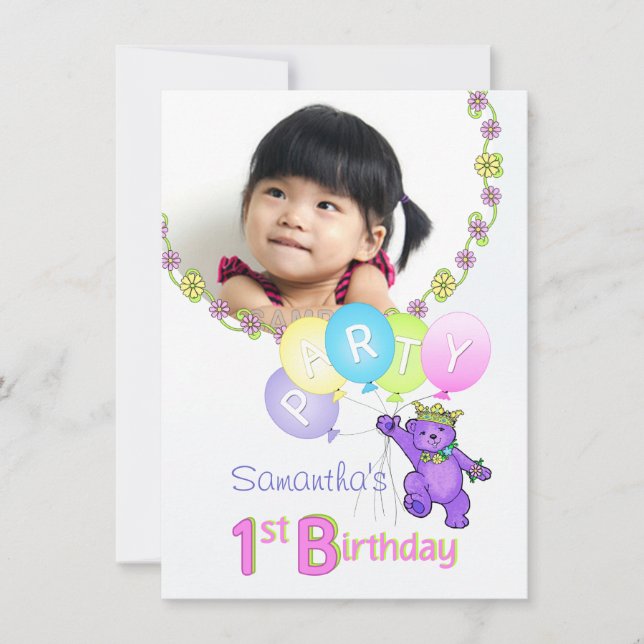 1st Birthday Party Purple Princess Bear with Photo Invitation (Front)