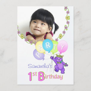 1st Birthday Party Purple Princess Bear with Photo Invitation