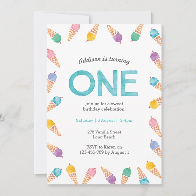 1st Birthday Party | Rainbow Ice cream invitation (Front)