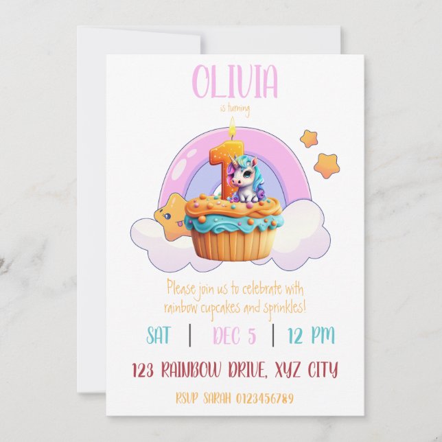 1st Birthday Party Rainbow Unicorn Cupcake Invitation (Front)