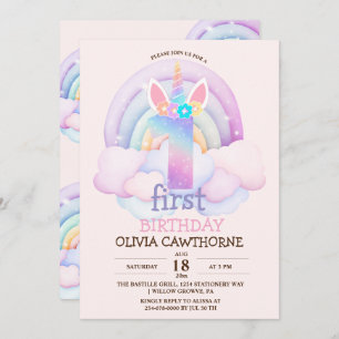 1st Birthday Party Rainbow Unicorn Invitation