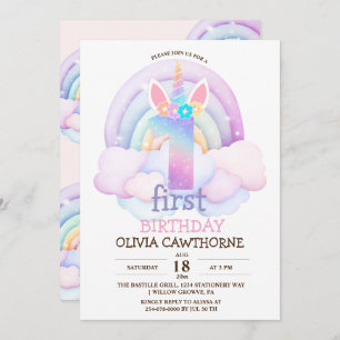 1st Birthday Party Rainbow Unicorn  Invitation