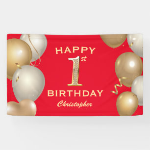 1st Birthday Party Red and Gold Balloons Banner
