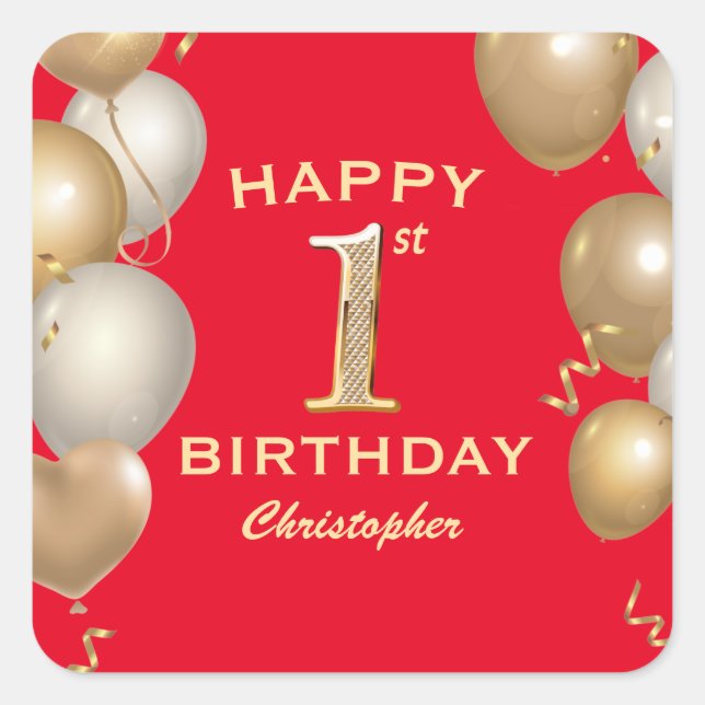 1st Birthday Party Red and Gold Balloons Square Sticker (Front)