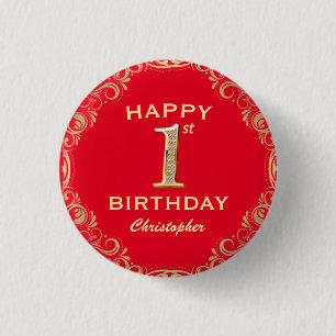 1st Birthday Party Red and Gold Glitter Frame 3 Cm Round Badge