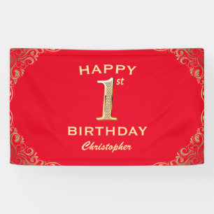 1st Birthday Party Red and Gold Glitter Frame Banner