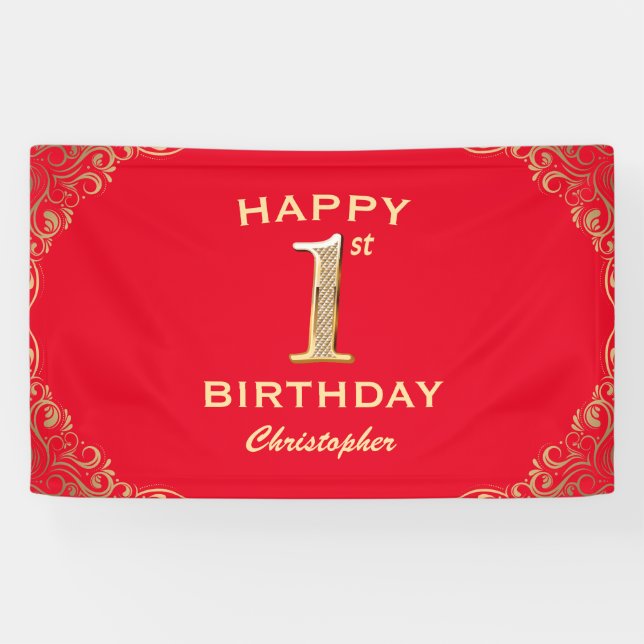 1st Birthday Party Red and Gold Glitter Frame Banner (Horizontal)