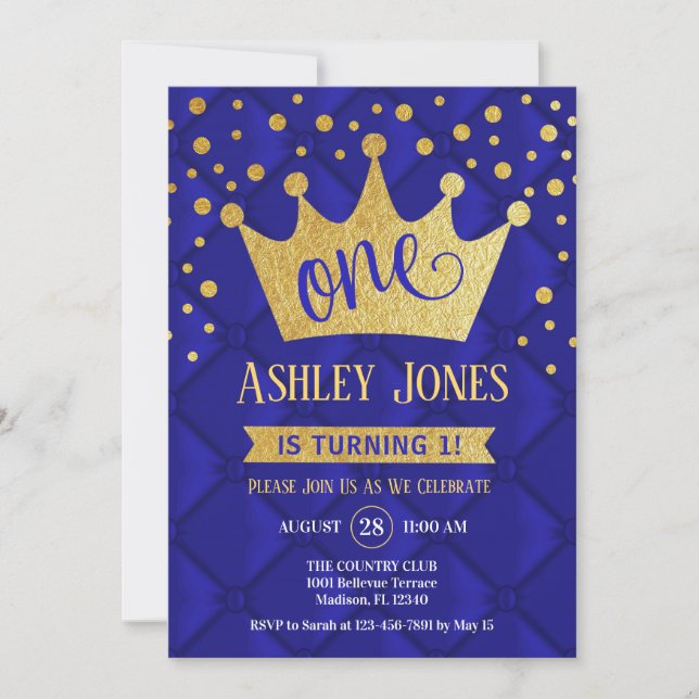 1st Birthday Party - Royal Blue Gold Invitation (Front)