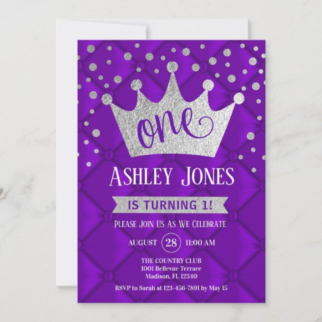 1st Birthday Party - Royal Purple Silver Invitation (Front)