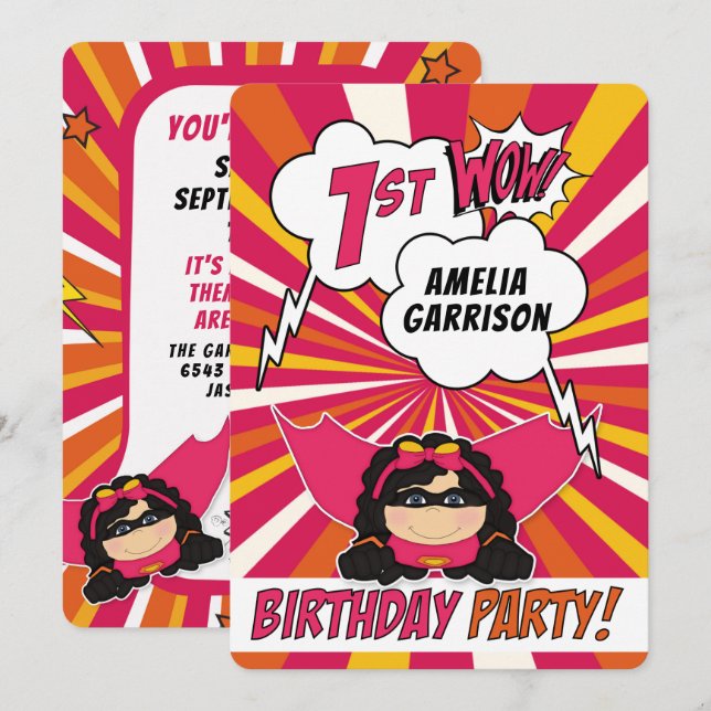 1st Birthday Party Superhero Pink Comic for Girls Invitation (Front/Back)