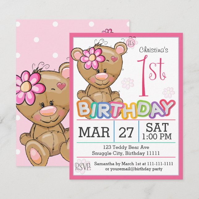 1st Birthday Party Teddy Bear Invitation (Front/Back)