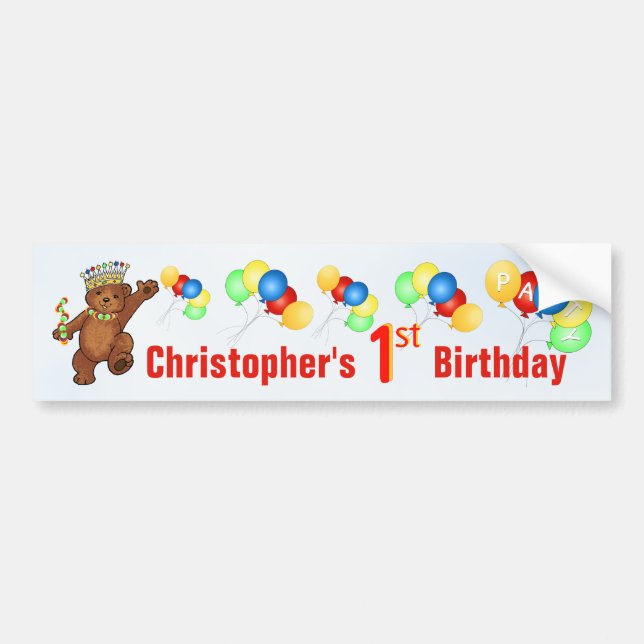 1st Birthday Party Teddy Bear Prince Bumper Sticker (Front)