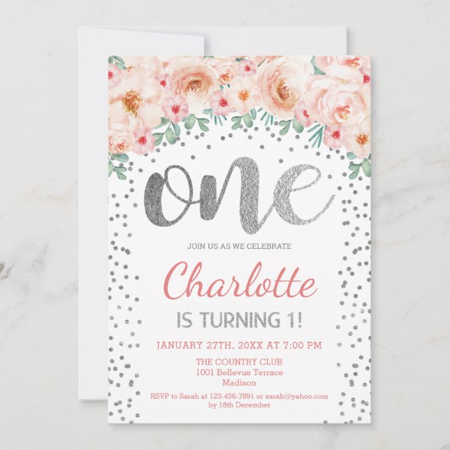 1st Birthday Party - White Silver Pink Invitation (Front)