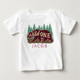 1st Birthday Party Wild One Bear Tribal Plaid Name Baby T-Shirt