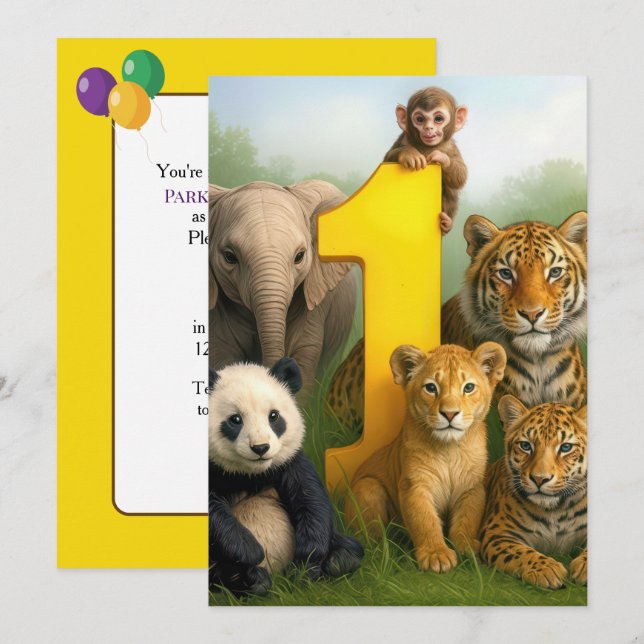 1st Birthday Party Wildlife Animal Babies Invitation (Front/Back)