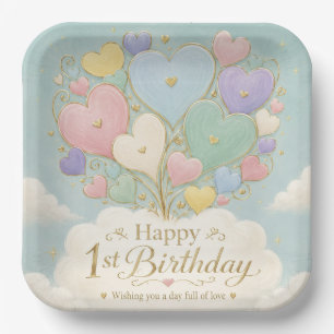 1st Birthday Pastel Heart Balloon Bouquet Paper Plate