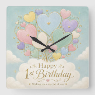 1st Birthday Pastel Heart Balloon Bouquet Square Wall Clock