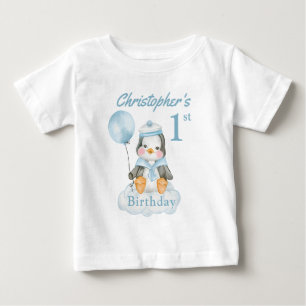 1st Birthday Penguin Blue Personalise Baby T-Shirt