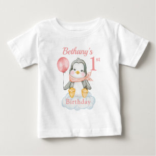 1st Birthday Penguin Pink Personalised Baby T-Shirt