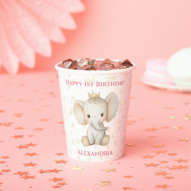 1st Birthday Personalised Princess Elephant Paper Cups (Insitu)
