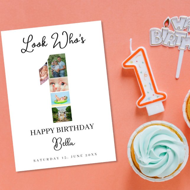 1st Birthday Photo Collage Custom Number 1  Card (Creator Uploaded)