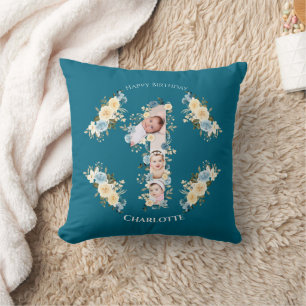 1st Birthday Photo Collage Teal Blue Yellow Flower Cushion