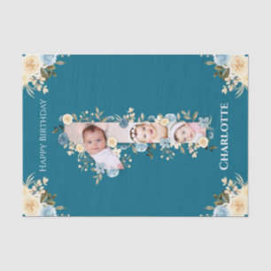 1st Birthday Photo Collage Teal Blue Yellow Flower Tissue Paper