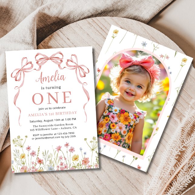 1st Birthday Photo Pink Coquette Bow Wildflower  Invitation (Creator Uploaded)