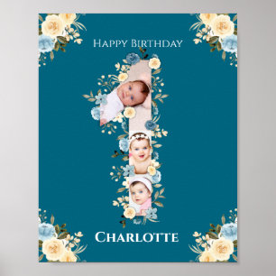 1st Birthday Photo Teal Collage Blue Yellow Flower Poster