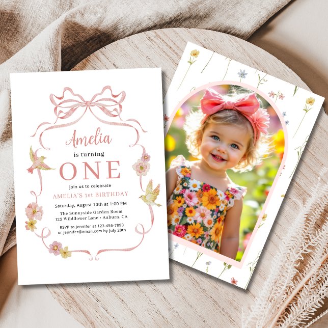 1st Birthday Photo Wildflower Pink Coquette Bow Invitation (Creator Uploaded)
