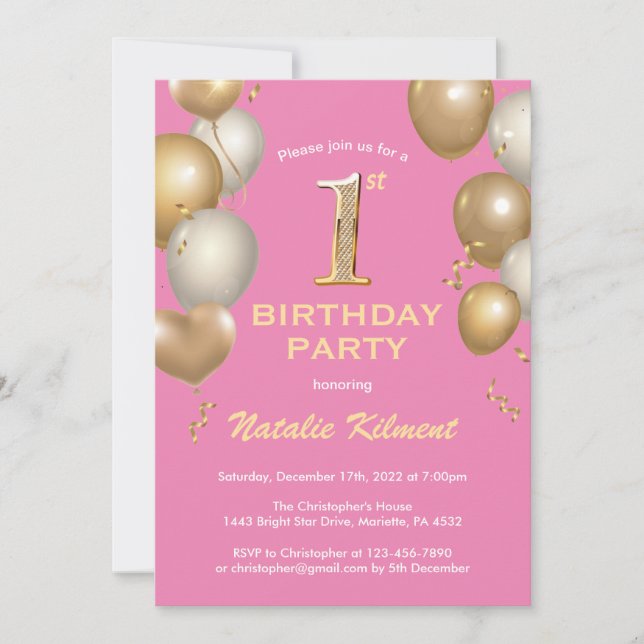 1st Birthday Pink and Gold Glitter Balloons Invitation (Front)