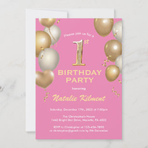 1st Birthday Pink and Gold Glitter Balloons Invitation