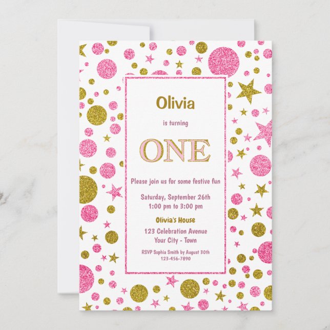 1st Birthday Pink and Gold Glitter Invitation (Front)