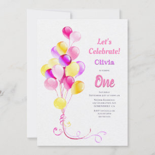 1st Birthday Pink Balloon Party Invitation