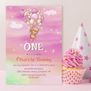 1st Birthday Pink Balloons Teddy Bear  Invitation