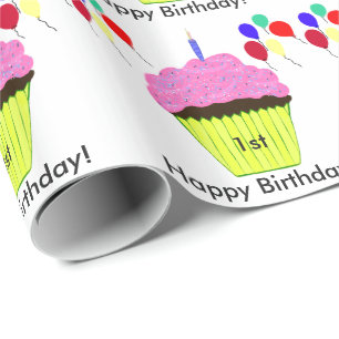 1st Birthday Pink Cupcake Balloons Personalise AGE Wrapping Paper