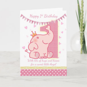 1st Birthday Pink Elephant Card, Babys 1st Card