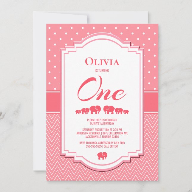 1st Birthday Pink Elephants Party Invitation (Front)